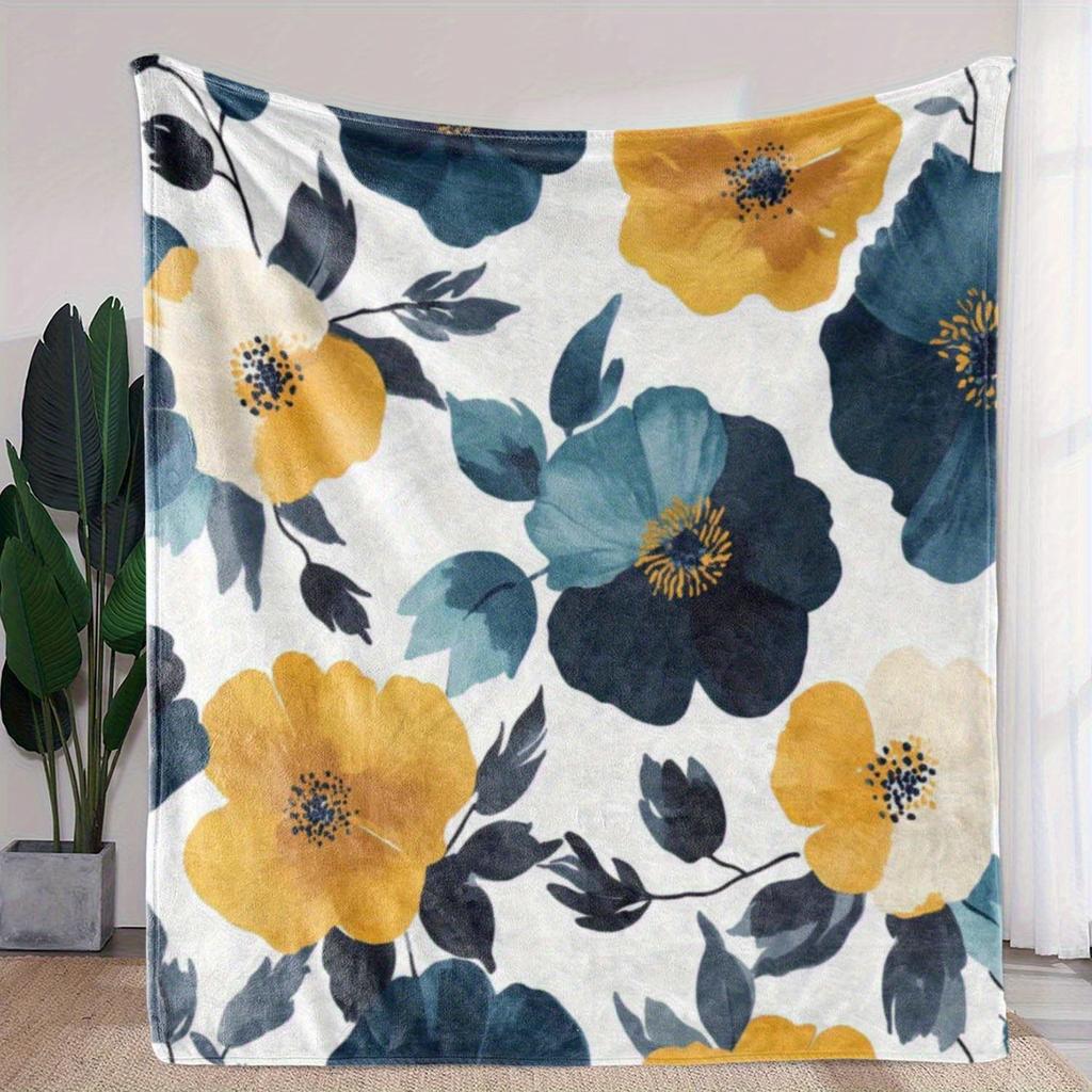 1pc Green plant and floral pattern blanket, polyester fabric, machine washable, suitable for bedroom and living room decoration