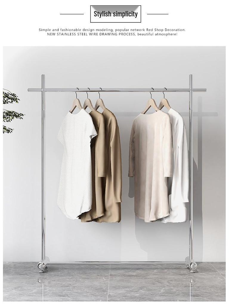 Adjustable Clothing Display Rack with Wheels – Stainless Steel, for Women's and Children's Apparel.