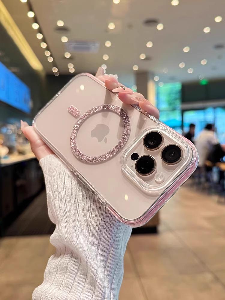 Luxusní třpytivý Magsafe bezdrátově nabíjecí kryt na telefon pro iPhone 12 13 14 15 16 Pro Max Plus Průhledný silikonový magnetický nárazník