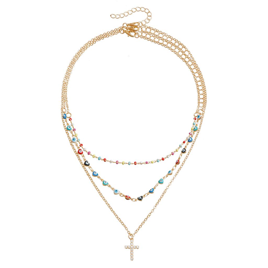 Decorated With Retro Premium Diamond Dripping Devil'S Eye Cross Element Collarbone Chain Multi-Layer Necklace Female