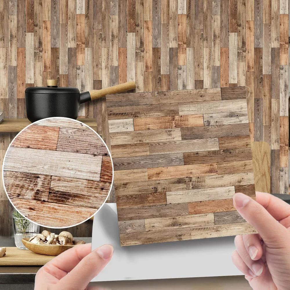 20Pc PVC Waterproof Wood Grain Tile Sticker Kitchen Bathroom Self Adhesive Wall Sticker Living Room Bedroom Wallpaper Home Decor