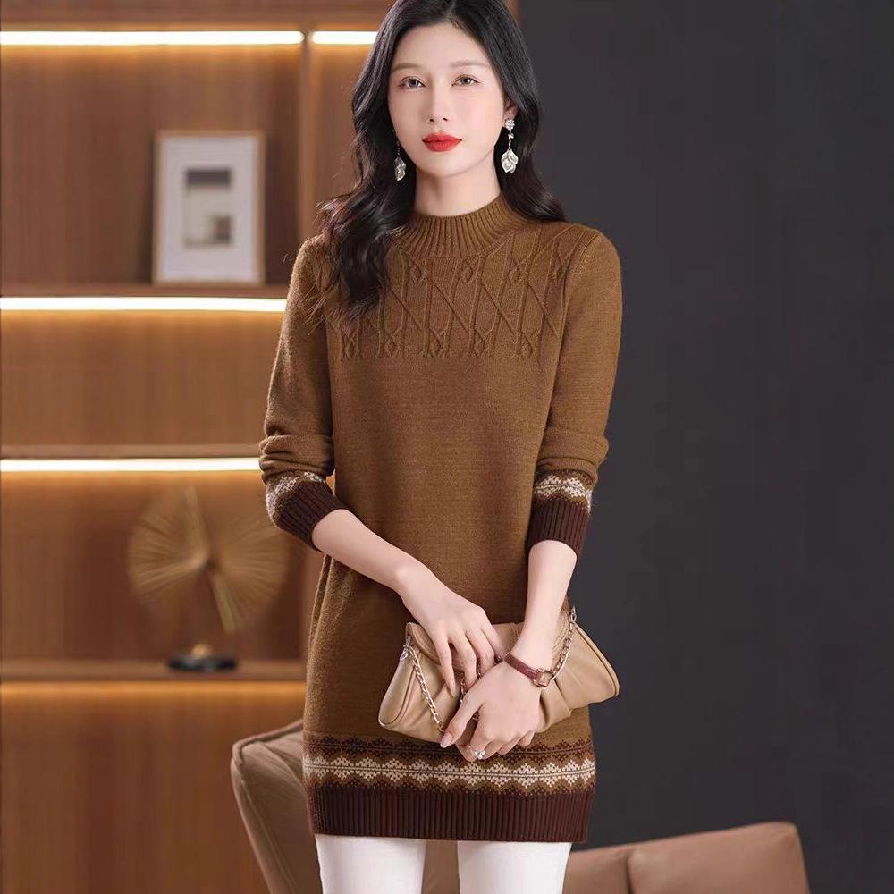 Mid-length Knitted Sweater for Women Half Turtleneck Sweater Thick Pullover Loose Top