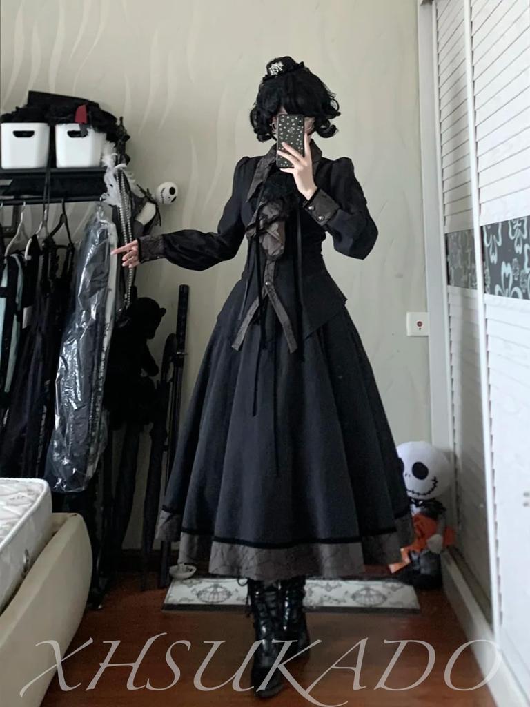 XHSUKADO Gothic Lolita Irregular Long Size L Women's Dress, Halloween, Lace, Jabot, Lace-Up, Long, Ruffled, Hem, Dark, Spider, Noble, Gothic,