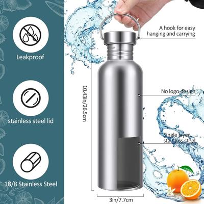 1000ML Stainless Steel Water Bottle, Non-insulated Single-wall, Dishwasher Safe, Plastic-free 304 Metal Water Bottle, Wide-mouth