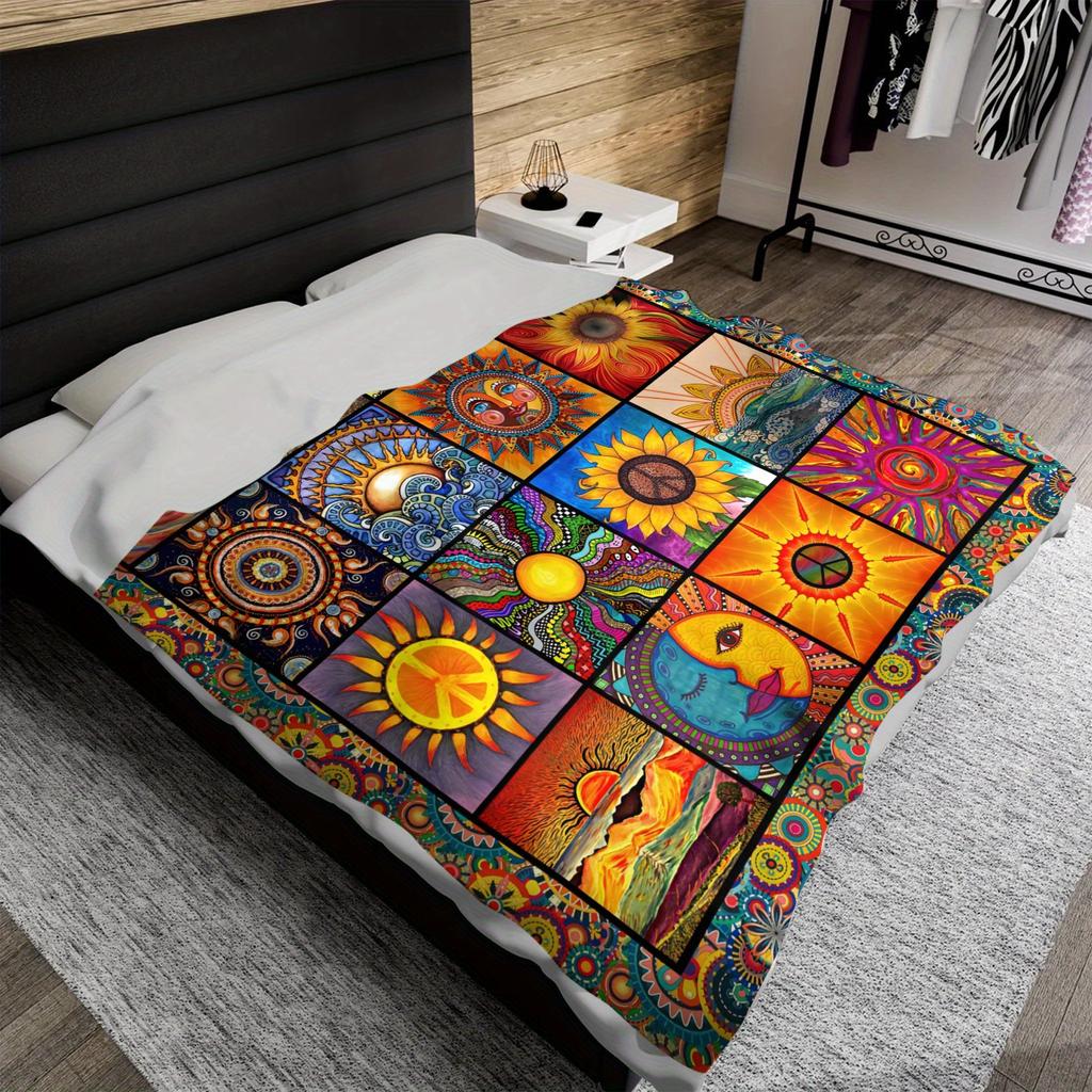 Sun Moon Totem Flannel Blanket Soft Retro Style Sun Moon Printed Blanket Four Seasons Comfortable Blanket