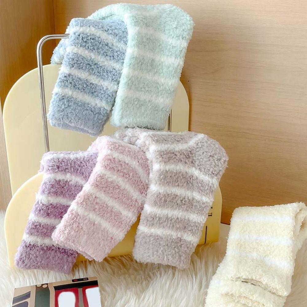 6Pairs Plush Coral Fleece Socks Stripe Sleeping Socks Fashion Thicken Velvet Socks  Fall/Winter