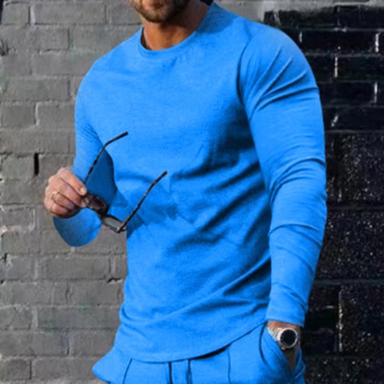 2Pcs/Set O-neck Long Sleeve Mid-rise Elastic Waistband Pockets Men Outfit Spring Autumn Solid