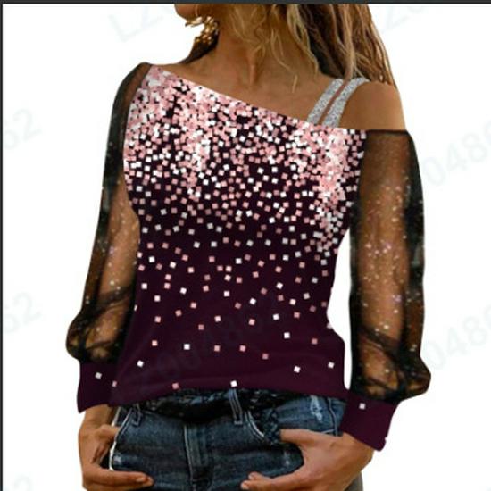 

Cross Glitter Print One-Shoulder Women s T-shirt - European & American 2024 Style Extra Extra Large