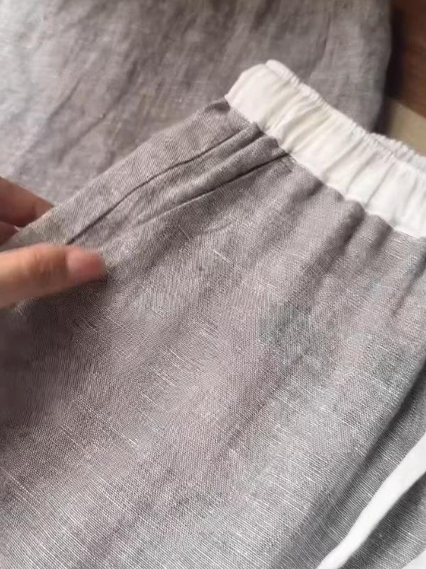 CHAOS Level Recommendation: High-End Gray Linen Wide-Leg Pants with Elastic Waist and Drawstring Design