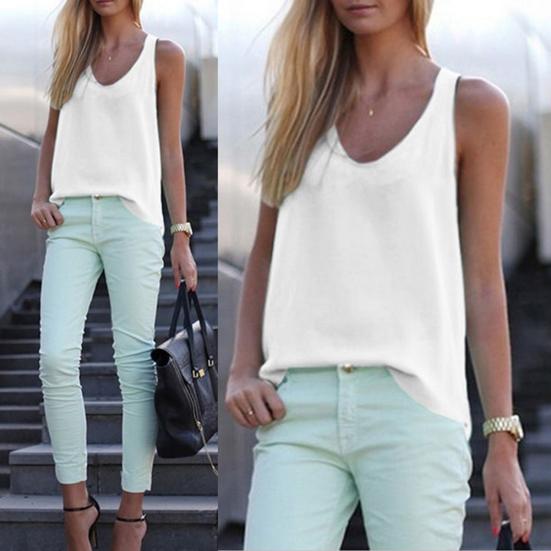 Solid Color Round Neck Sleeveless Chiffon Blouse Summer Women Vest Tank Top