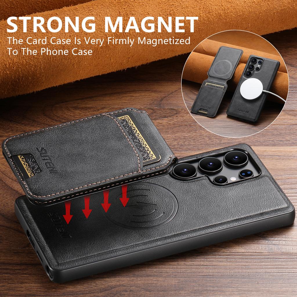 Skórzane Etui do Samsung Galaxy S26 Ultra S22 S23 S24 S25U Magnetyczne Ładowanie Bezprzewodowe Odpinany Uchwyt na Karty Pokrowiec na Telefon
