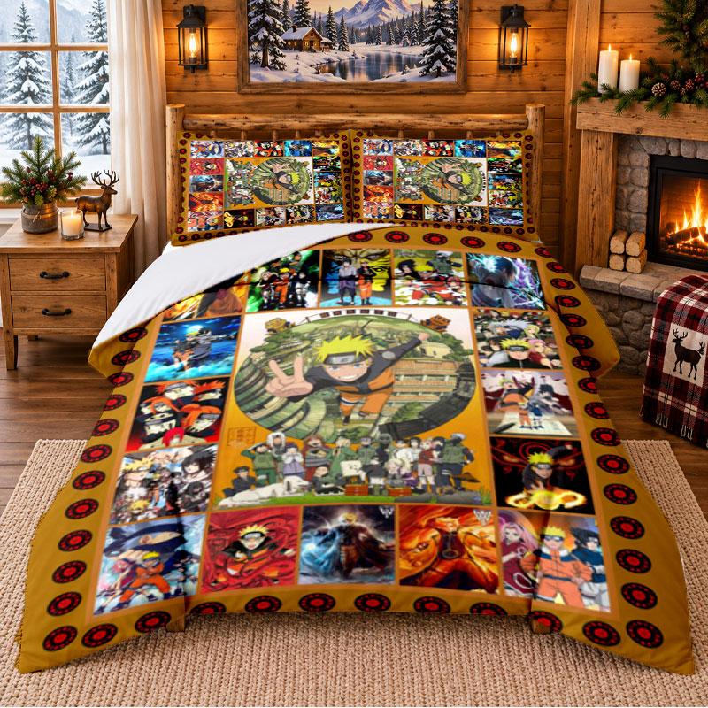 N-Narutos Pattern Bedding 3Pcs Set Bed Sheet And Pillowcases For Indoor Bedroom