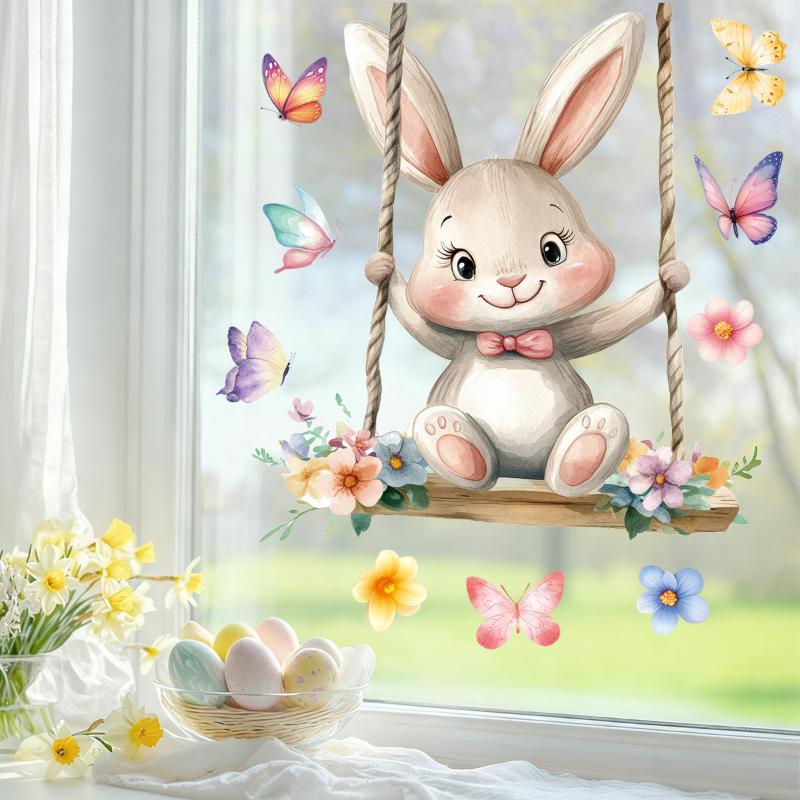1 Sheet Cute Rabbit Colorful Egg Stickers Easter Electrostatic Patch Glass Window Decals Children'S Room Decoration