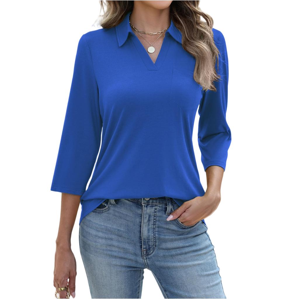 Women's Fashion Casual Lapel Short 3/4 Sleeve Color Shirt Women's Up Tops