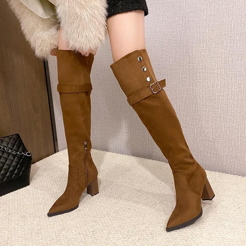 Women Over The Knee Boots Suede Sexy High Heels Ladies Buckle Long Boots New Warm Female Shoes Slim Thigh High Boots Party Pumps