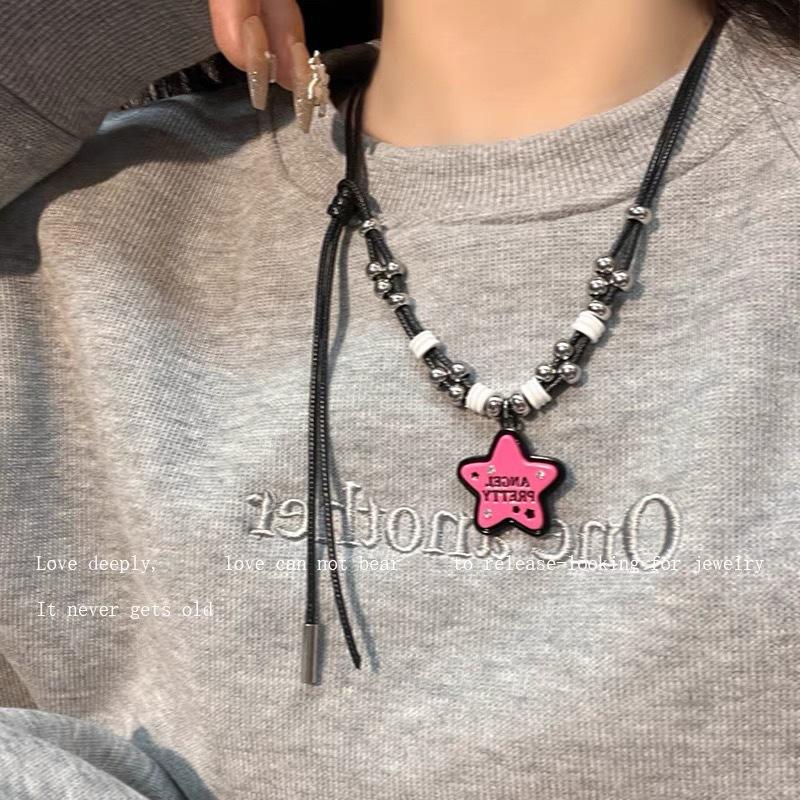 Pink Star Love Leather Rope Necklace Female Niche Premium Sweet Cool Style Hip Hop Sweater Sweater Chain Spice Girl Accessories