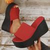 2025 summer new large size solid color wedge heel one-word slippers women wear thick-soled knitted mesh wedge heel cool slippers