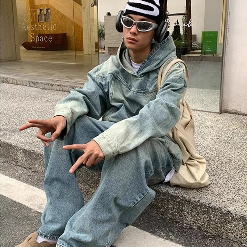 2024 Men's Distressed Washed Denim Hooded Sweatshirt - Retro Street Style Loose Jacket for Spring & Autumn