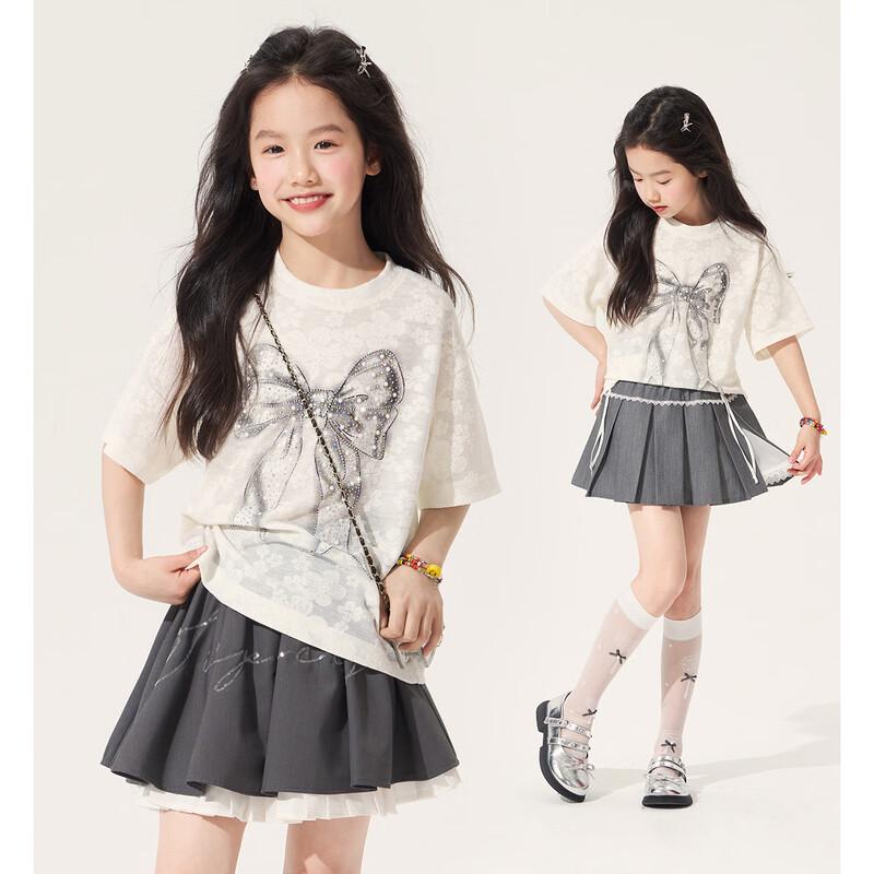 Girls  Bowknot Studded Ice Silk Short-Sleeve T-Shirt 160 бежевый