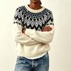 Womens Loose Fit Round Neck Fair Isle Knit Sweater Colorblock Pullover Fall Winter