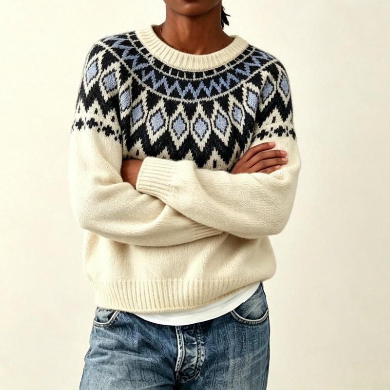 Womens Loose Fit Round Neck Fair Isle Knit Sweater Colorblock Pullover Fall Winter