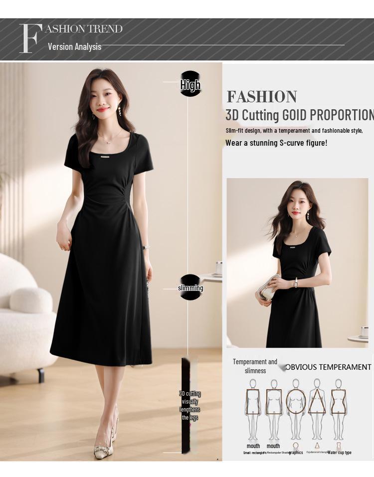 Elegant Green Square Neck Tea Break Dress: Short-Sleeved, Waist-Cinching, High-Class Summer Arrival