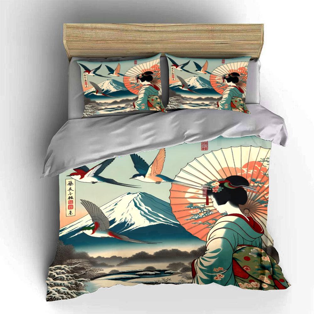 Traditional Japanese Art Decor Set Soft Comfortable Duvet Cover Bedding Set Included 1*Duvet Cover & 2*Pillowcases, Gift