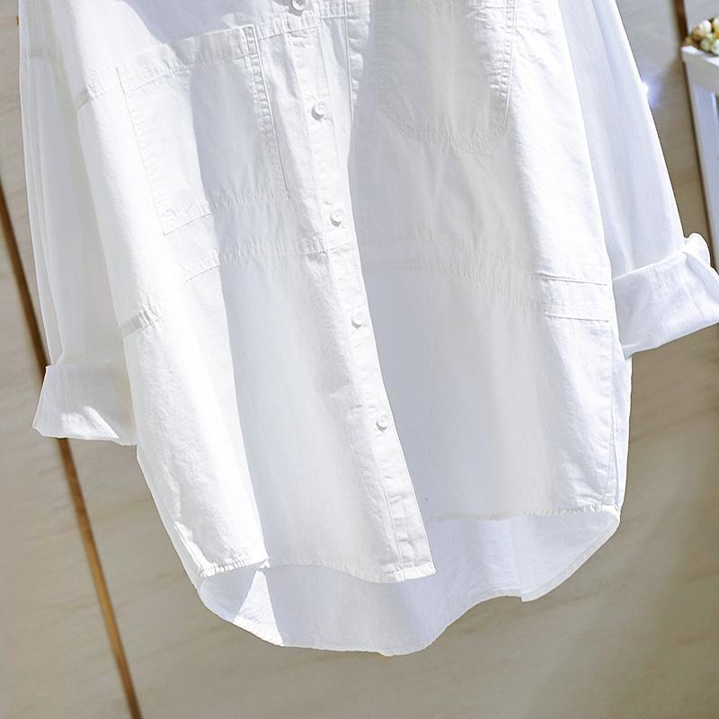 Pure Cotton Double Pocket White Shirt Women Long-sleeve Blouse Spring Autumn Tops Lapel Buttoned Irregular Shirts