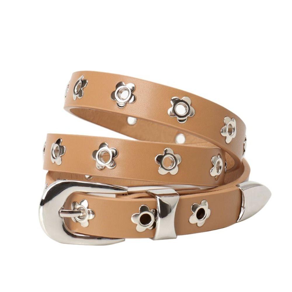 

Zinc Zinc Alloy Pin Buckle PU Leather Waistband Korean Style Thin Waist Strap Flower Rivet Belt Daily верблюд