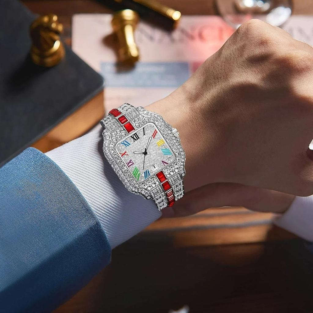 Full Diamond Rainbow Diamond Quartz Watch for Men Iced Out Male Golden Vintage Square Shaped Hip Hop Man Clock Reloj