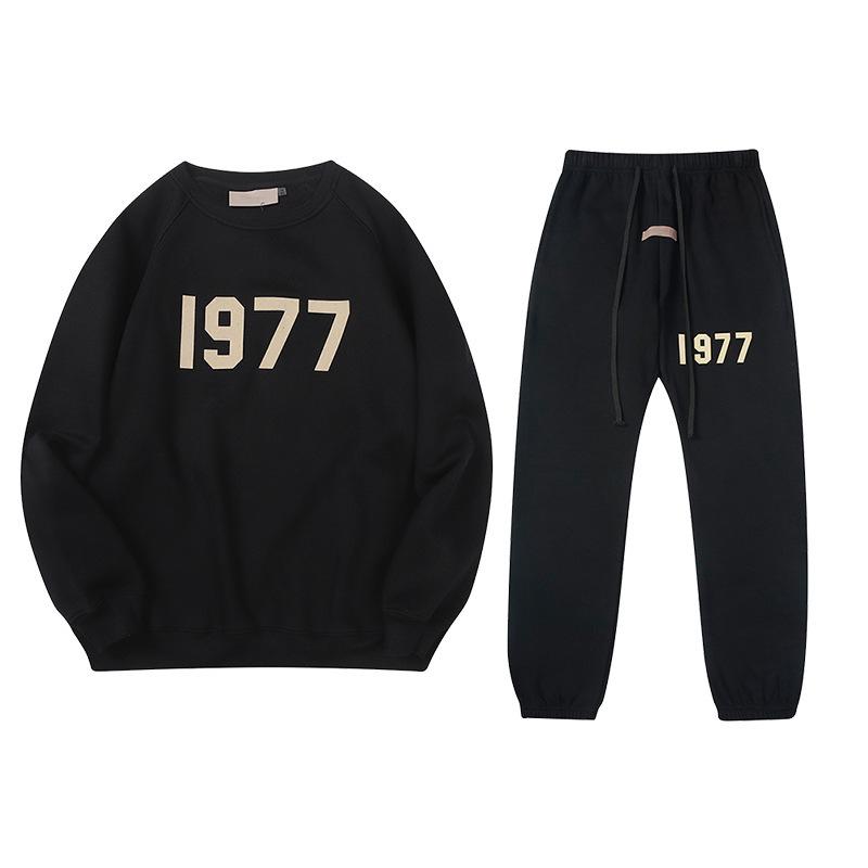 Three-dimensional flocking 1977 men's and women's American high street hoodie sweater trousers casual suit