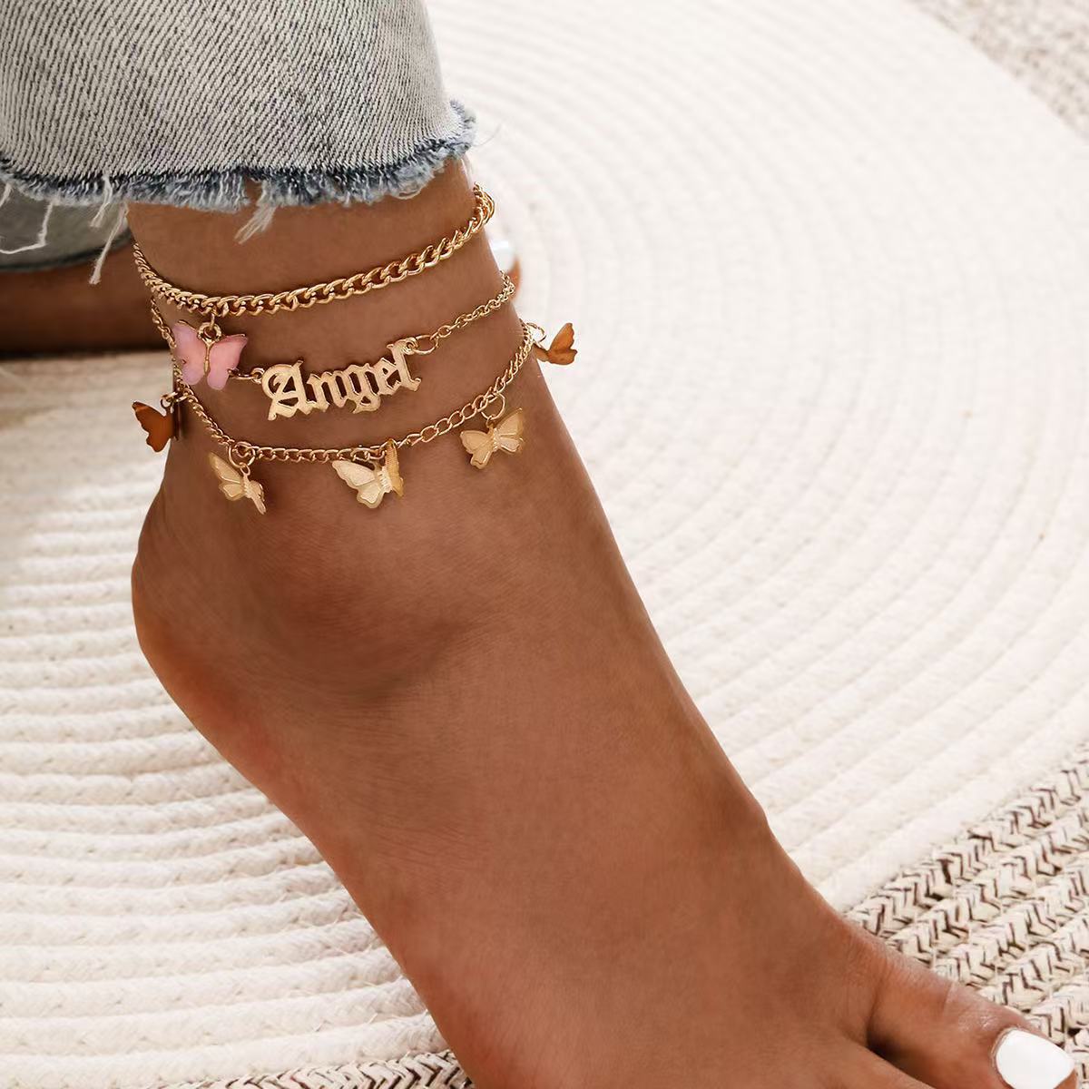 Sweet Acrylic Pink Butterfly Tassel Anklet Angel Letter Pendant 3 - Piece Set Women розовый