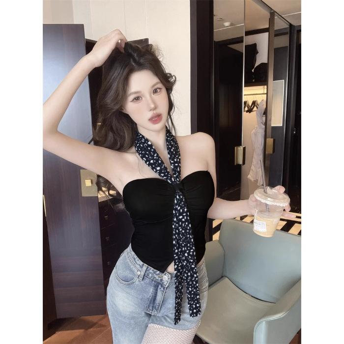 Leopard print tube top season sleeveless top sling vest women's summer pleated design sense neck silk scarf backless American hottie