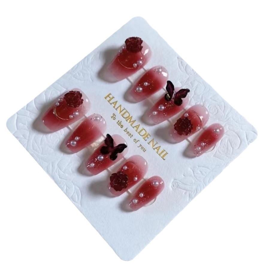 

И Отбеливающие Ношение Накладных Ногтей Элегантный Винно-Красный Декор Камелия Бант S