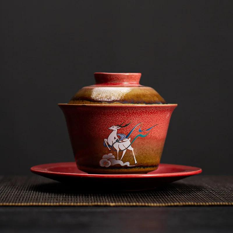 

Deer Gaiwan For Tea Ceramic Tureen With Lid Teaware Chinese Red Tea Bowl Chawan Lily Deng s store 120ml
