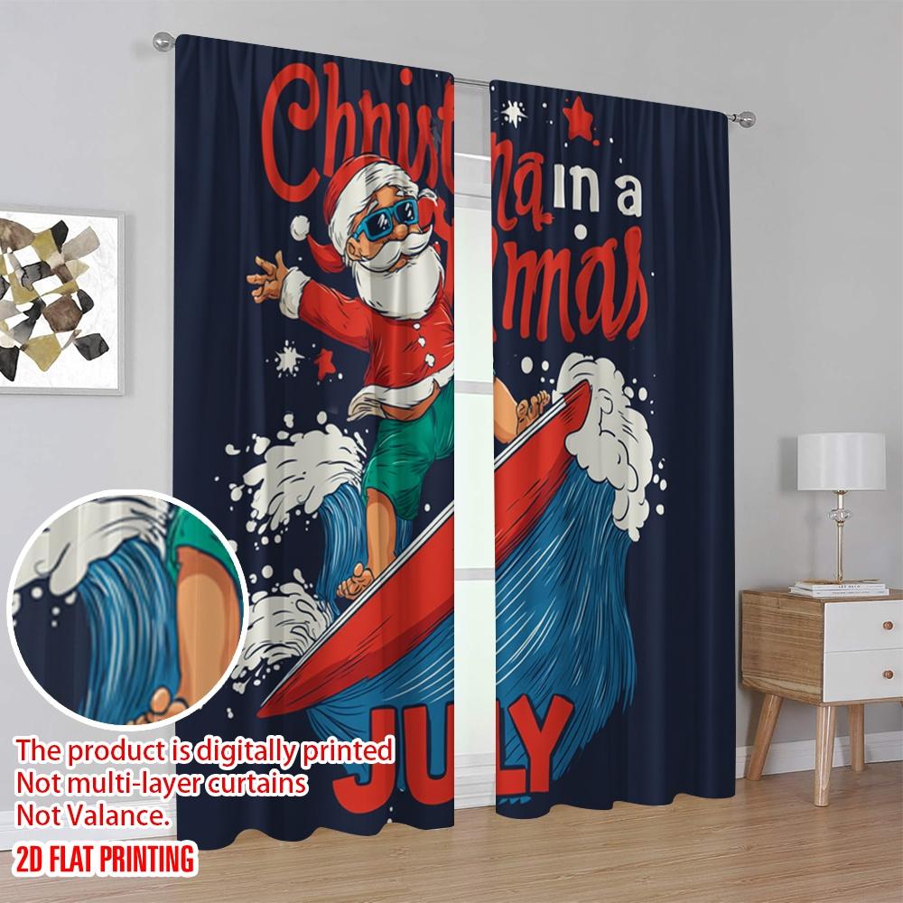 2 Stück, 2D-Flachdruck Kreative Vorhänge Surfender Weihnachtsmann & Rentier Polyestergewebe (ohne Stange) Festlicher Gebrauch für Schlafzimmer, Wohnzimmer