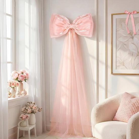 16Pcs/Set Large Bow Kit Giant Pink White Bow with Mini Bows DIY Satin Tulle Bow Wedding Bridal Baby Shower Birthday Party Wall Hanging