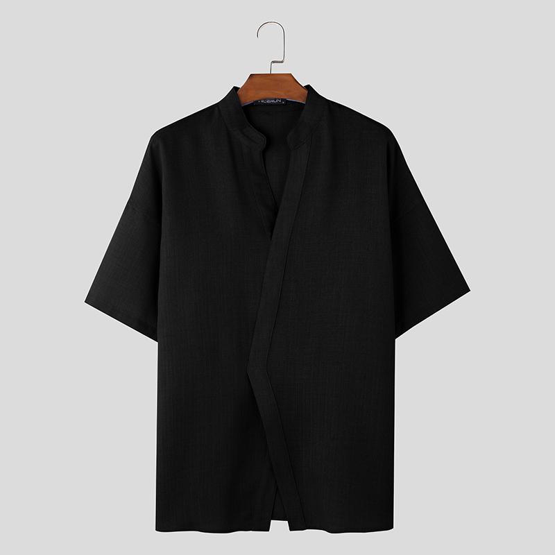 INCERUN Tricou de vară pentru bărbați, cu guler în V, mânecă scurtă, încrucișat în față, casual, semi-transparent, topuri 