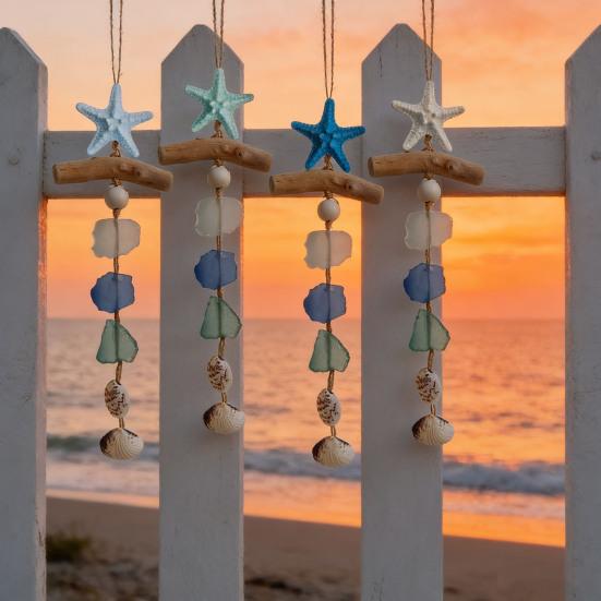 Sea Glass Wooden Nautical Wall Decor Handcrafted Starfish Shells Bathroom Hanging Decoration Beach Coastal Wall Art for Living Room Dining Room