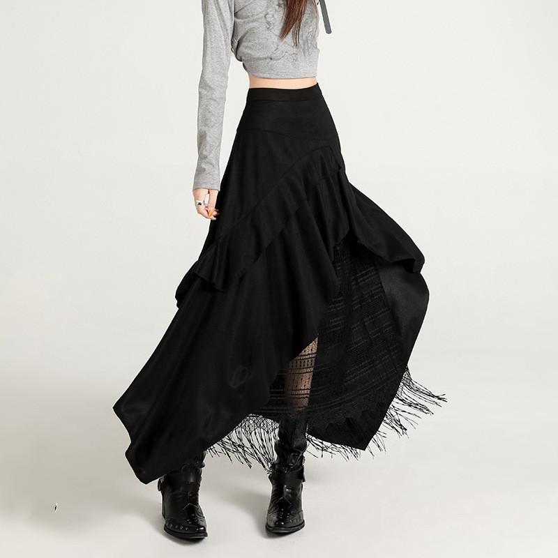 Wildleder-Spitzenrock Damen Hohe Taille Vintage Locker Lang