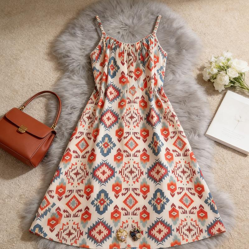 French print suspender dress women's summer loose design sense niche retro high sense light luxury fairy skirt