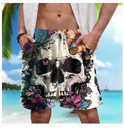 2025 beach shorts, men s skull print, trendy summer street clothes, hip hop short sleeves S