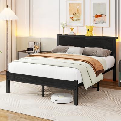 120x200 Cm Metal Frame with Storage Headboard, Single Metal Platform Bed Frame, Noise-Free, Metal Base Frame, No Box Spring Needed, Vintage Black