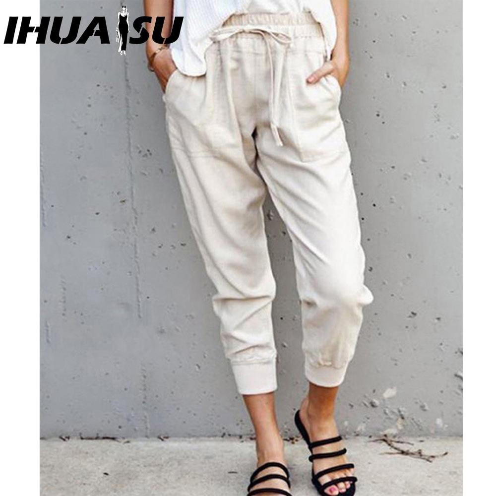 

IHUASU Summer Women Loose Plus Size Solid Color Simple Lace Up Slim Casual Nine Point Slimming Trousers S белый