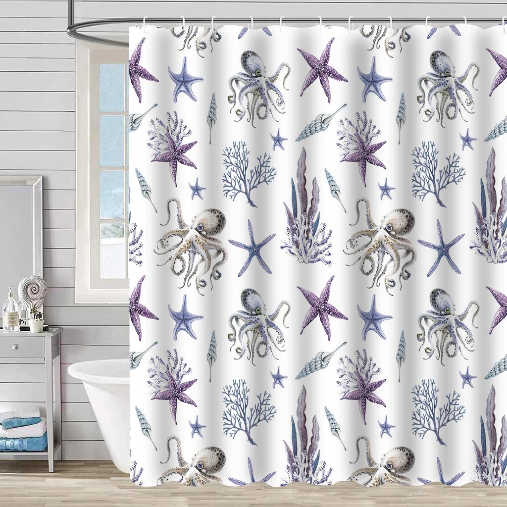 Shower Curtain Waterproof And Mildew-Proof Digital Printing Starfish Shell Shower Curtain Bathroom Partition Curtain Free Punching