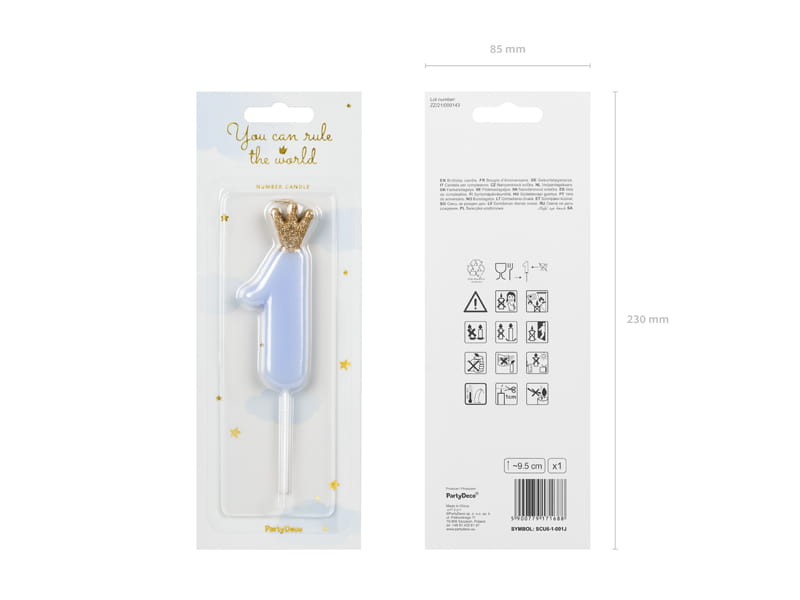 Partydeco Świeczka Urodzinowa Cyfra 1 Jasny Niebieski  9,5Cm