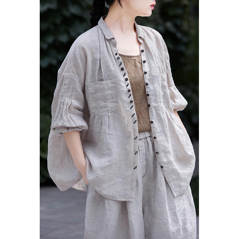 Summer Retro Slimming Linen Lapel Shirt for Women