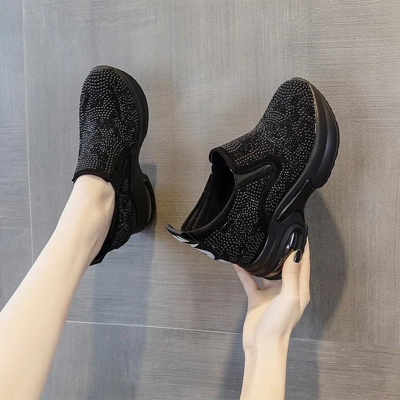 Fashion 2025 New Women's Casual Shoes with Increased Height Inside Thick-Soled Diamond Sports Running Shoes, White Sneakers and Wedges