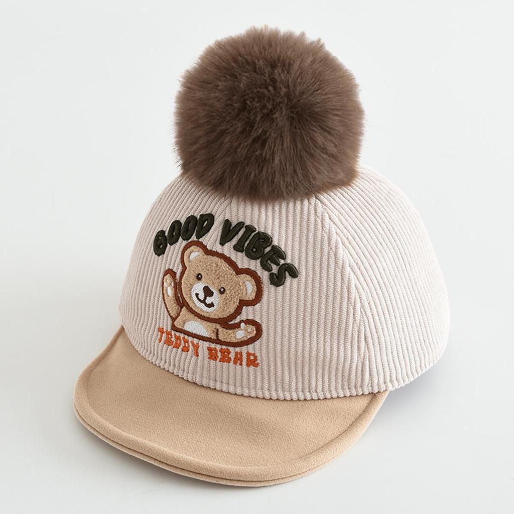 Children's Warm Cartoon Bear Duckbill Baseball Cap with Pom-Pom