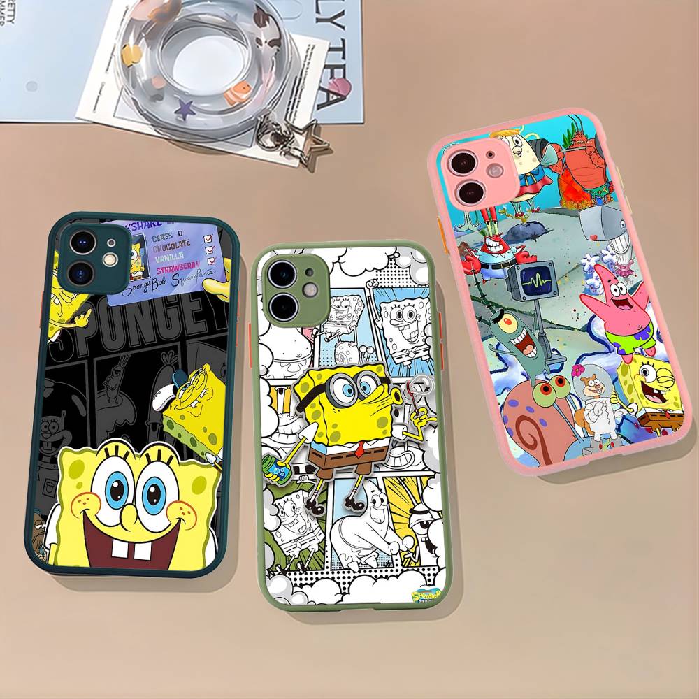 Cartoon Cute S-SpongeBob Anime Phone Case For IPhone 11 12 13 14 15 16 Pro Plus X XS MAX Matte Bumper Shockproof Cover